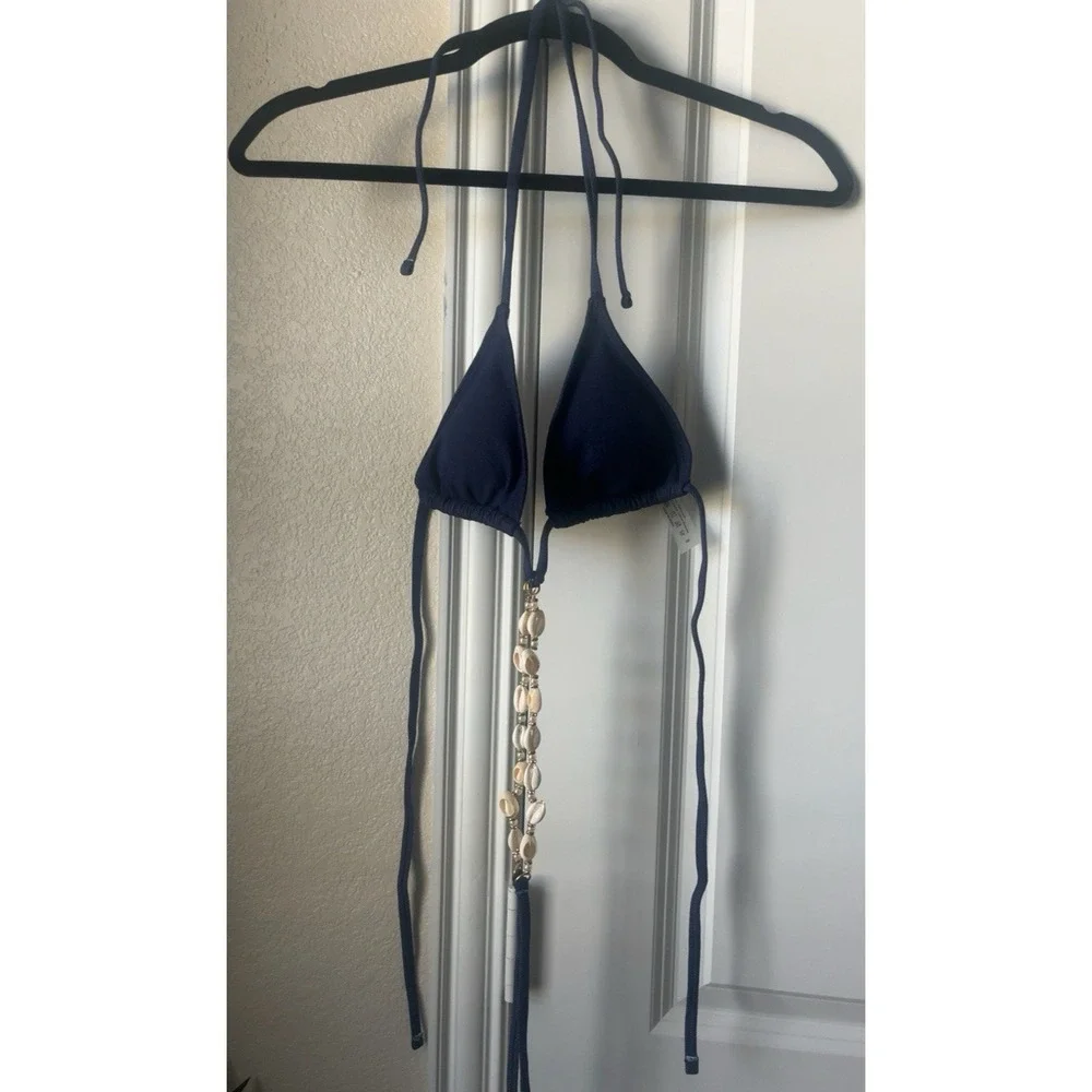 Navy Triangle Bikini Top Women's S Cowrie Shell Beaded Halter String Swim Top